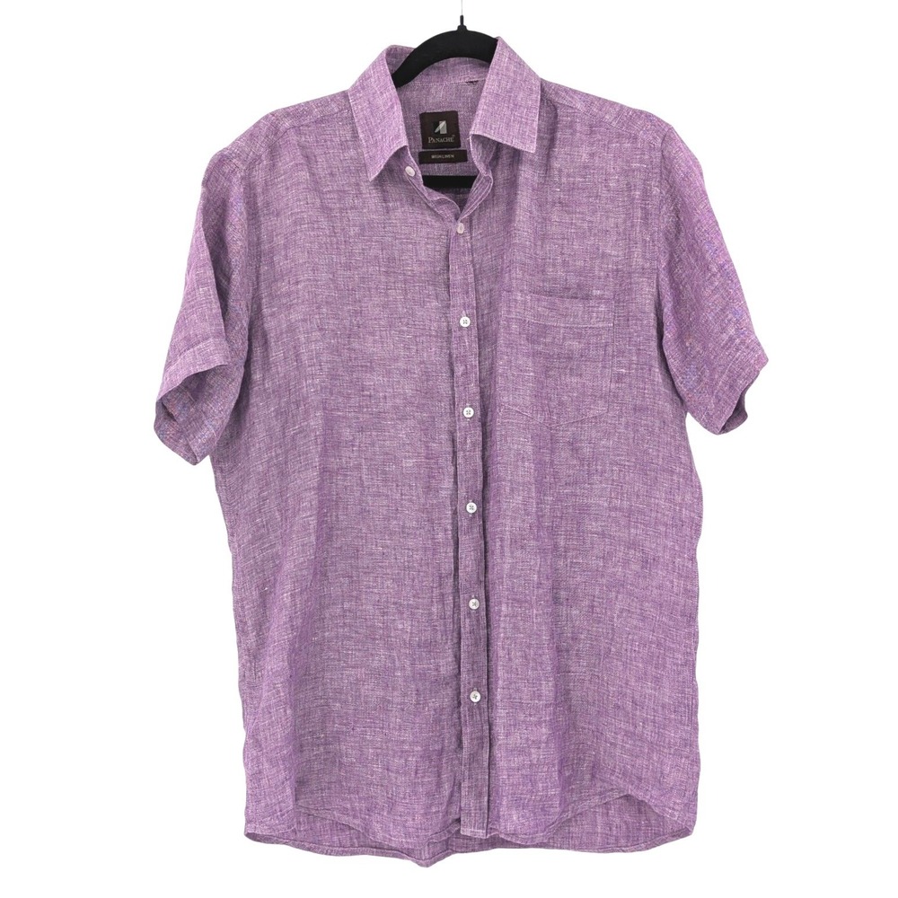 Purple Irish Linen Short Sleeve‎ Button Down Shirt Breathable Summer Top M